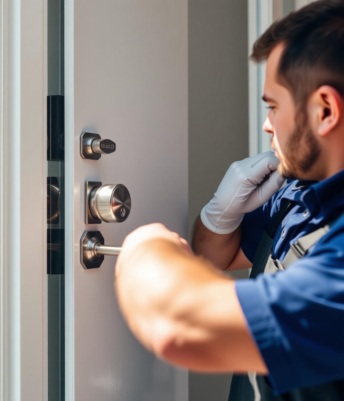 Locksmith technician installing a deadbolt